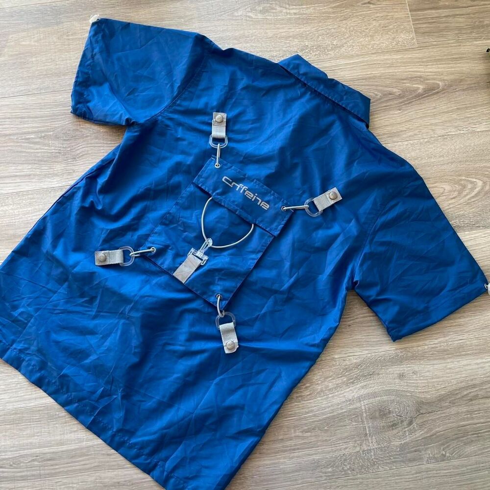 RARE Caffeine Records Rave Button Up Shirt Blue Medium Straps Vintage Y2K 90's